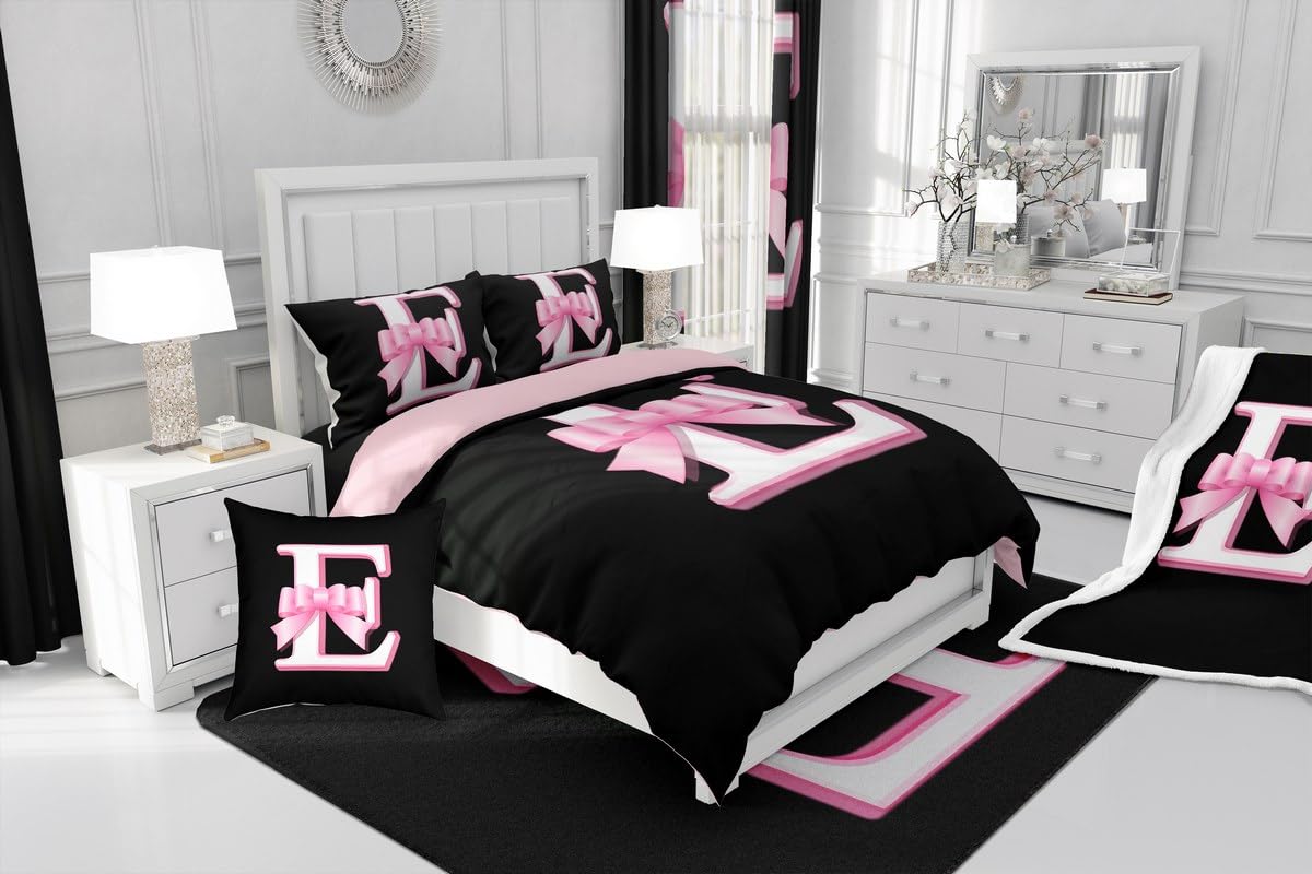 jejeloiu Kids Girls Black Pink Bow Comforter Set with Sheets Twin Size Monogrammed 7 Piece Bedding Set Personalized Initial E Bed in a Bag with Comforter,Sheets,Pillowcases Modern Fashion Bed Set