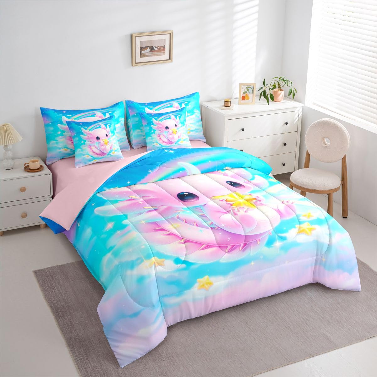 Erosebridal Dreamy Axolotl Queen Bedding Set for Kids Girls Teens Cute Axolotl Comforter Set with Flat and Fitted Sheet Cartoon Stars Blue Sky 7-Piece Bed in a Bag Rainbow Colorful Cloud Quilt Sets