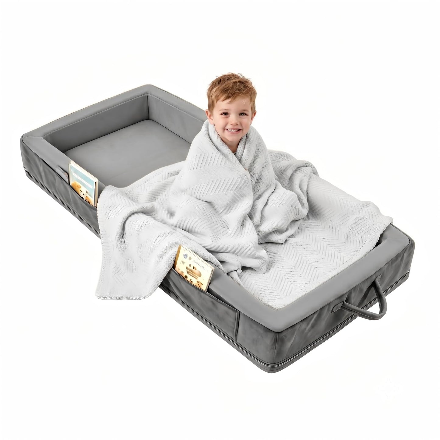 Beantown Toddler Portable Travel Bed - Foldable & Washable Floor Bed, Comfortable Mattress Used for for Camping, Hotels & Overnight Stays, No Assembly (Grey)