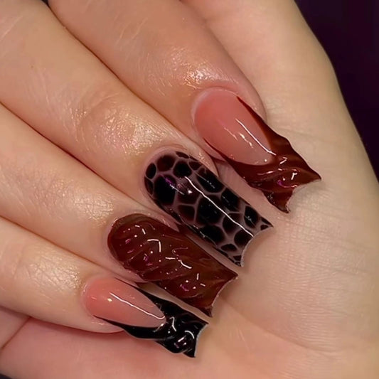 MISUD Press on Nails - Long Square Fake Nails with Red Black French Tip, Acrylic Tortoise Design 24 pcs