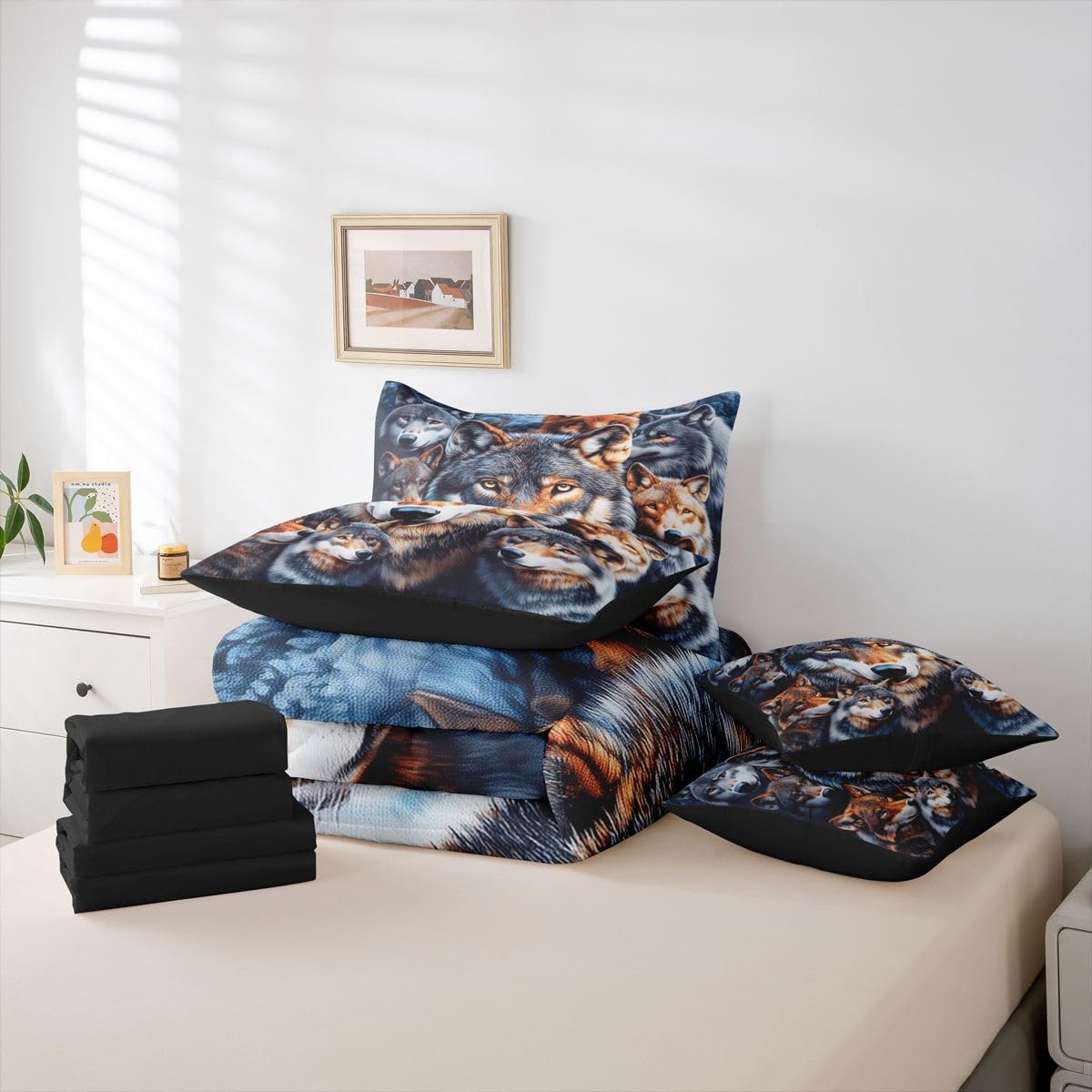 Feelyou Wolf Queen Comforter Set with Sheets for Kids Boys Girls Wolves Howling 7 Pieces Bedding Set Western Farmhouse Bed in a Bag Wild Animal Room Decor Soft Microfiber