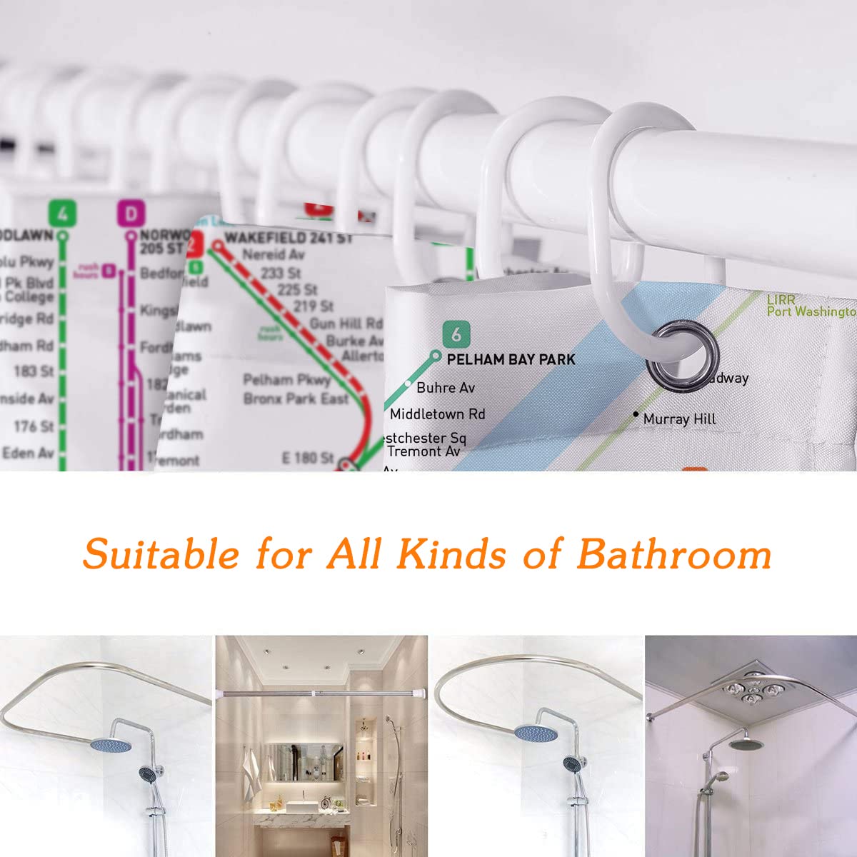 SPXUBZ New York Subway Map Shower Curtain White Subway Map Shower Curtains for Bathroom Waterproof Polyester Fabric Shower Curtain Sets with Hooks 72x72 Inch
