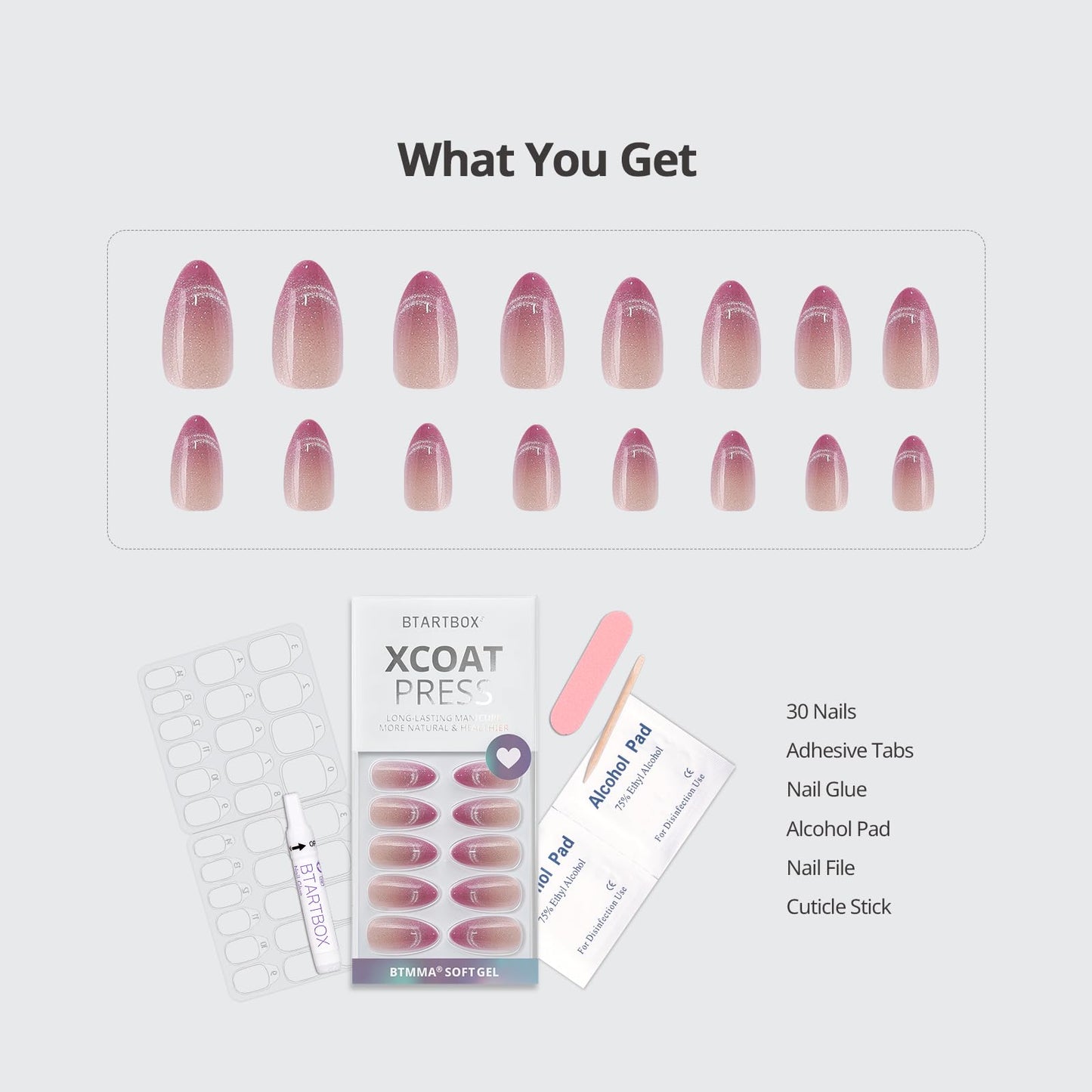 BTArtbox Almond Press On Nails Medium - Lamp-Curable Pink Cat Eye Press On Nails with Glue for Women, Semi-Transparent Soft Gel Glue On Nails in 15 Sizes - 30 Stick On Nails Kit, Rosy Dew