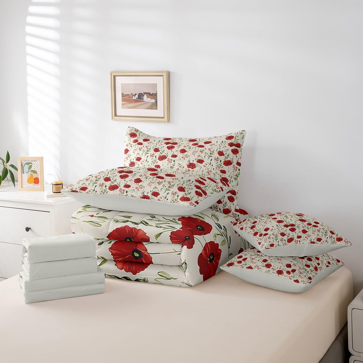 Retro Floral Boho Bed Set Twin Size 70S Hippie Flowers Bohemian 7 Pieces Bedding Set for Kids Boys Girls Psychedelic Floral Bed in a Bag with Comforter, Sheets, Pillowcases Breathable Bedroom