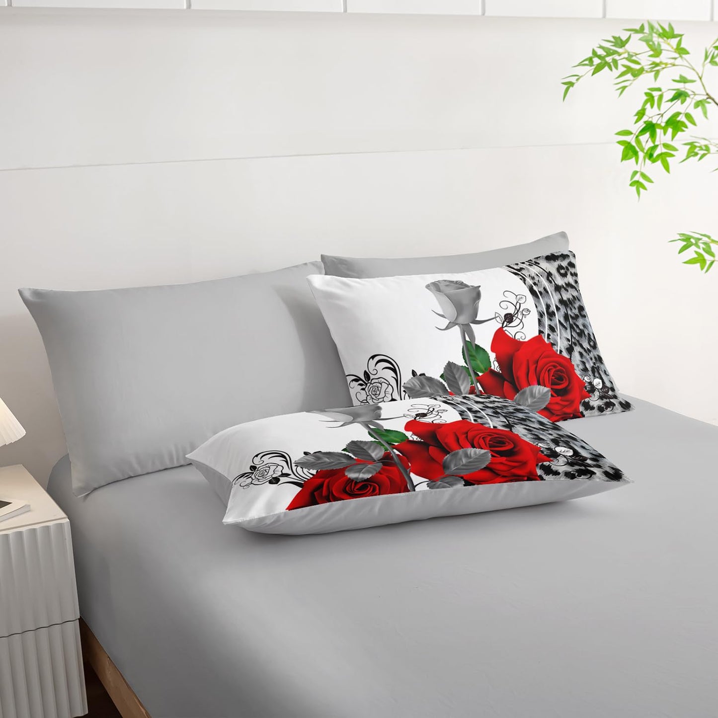 AILONEN Leopard Print Rose Comforter Set for Girls Women Couple Lover,7-Piece Red Rose and Animal Theme Bed in a Bag Full Size,Comforter & Fitted Sheet & Flat Sheet & 2 Pillowcases,Soft Microfiber