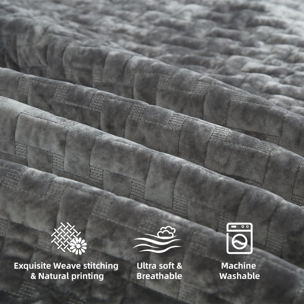 Liians Velvet Bedspread Quilt Bedding Sets,Luxury Elegant Ultra Soft Velvet Comforters Coverlet Blankets,Weave Stitching Pattern Cotton Quilted Bedspread for All Seasons,Grey,King Size