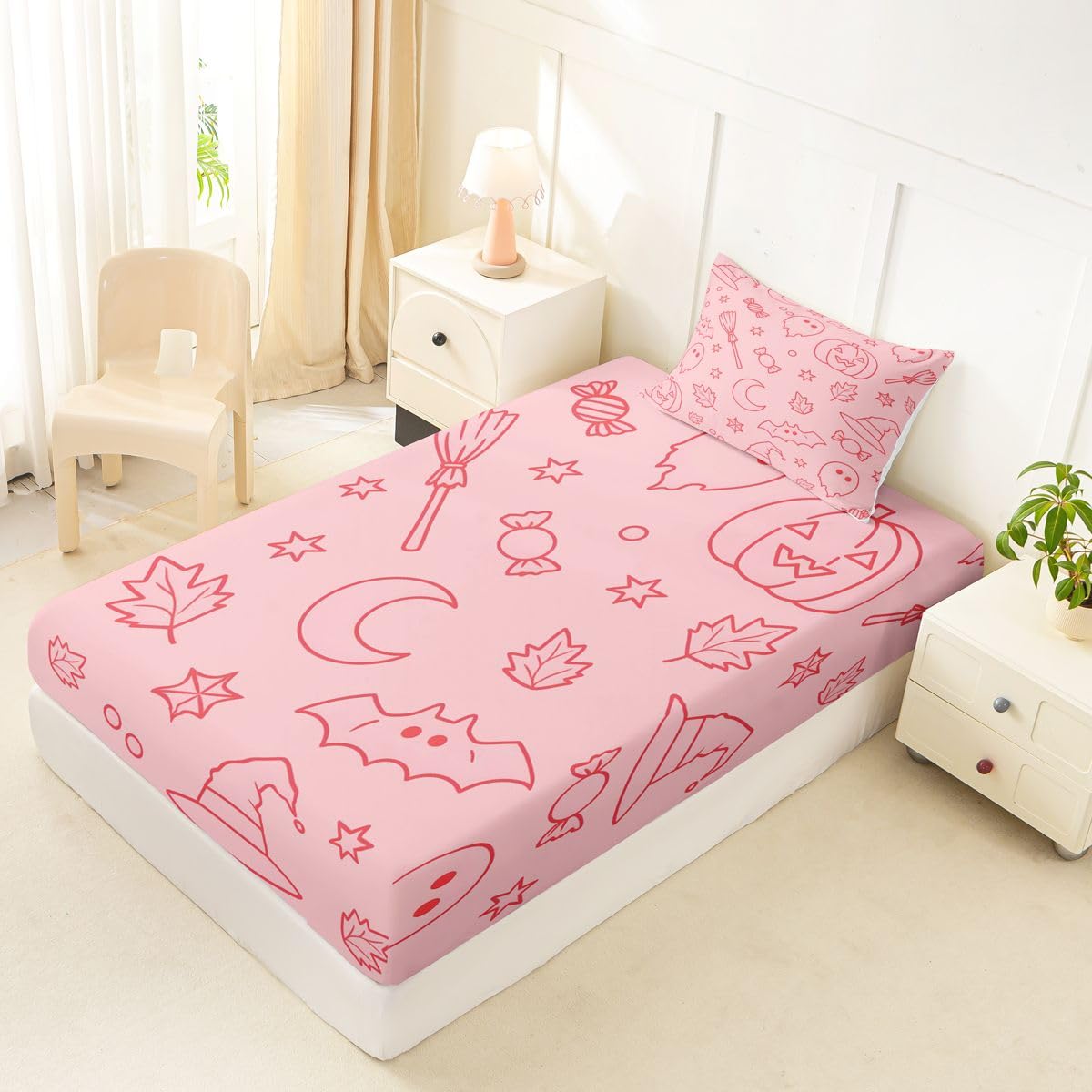 Feelyou Ghost Fitted Sheet with 1 Pillowcase Twin Size Halloween Themed Bed Sheets Set 16" Deep Pocket Boys Girls Trick or Treat Bedding Teens Bedroom Decor Breathable Soft Lightweight Microfiber