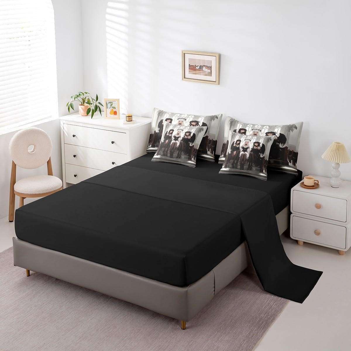 Erosebridal Japanese Anime Queen Comforter Set 7 Piece, Anime Girl Bedding Set Kawaii Japanese Style Sheet Set Cartoon Japan Animation Bed in A Bag for Boys Youth Teens Adult Women Bedroom