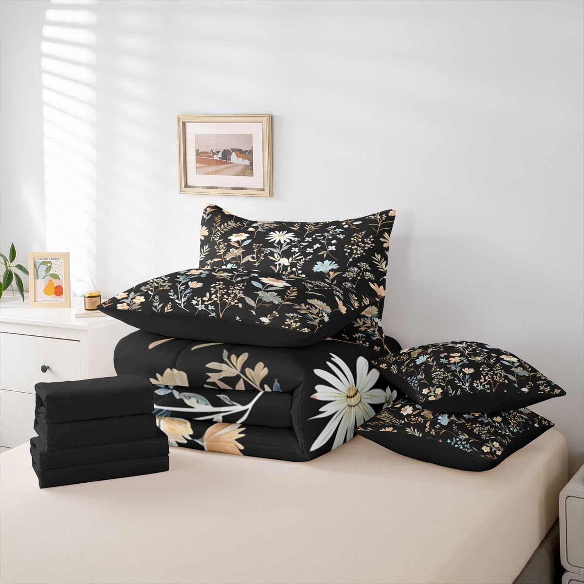 Erosebridal Florals 7 Piece Bedding Set Twin Daisy Comforter Set with Sheets Spring Rustic Farmhouse Retro Flower for Kids Boys Girls Simple Kawaii Floral Retro Bed in a Bag