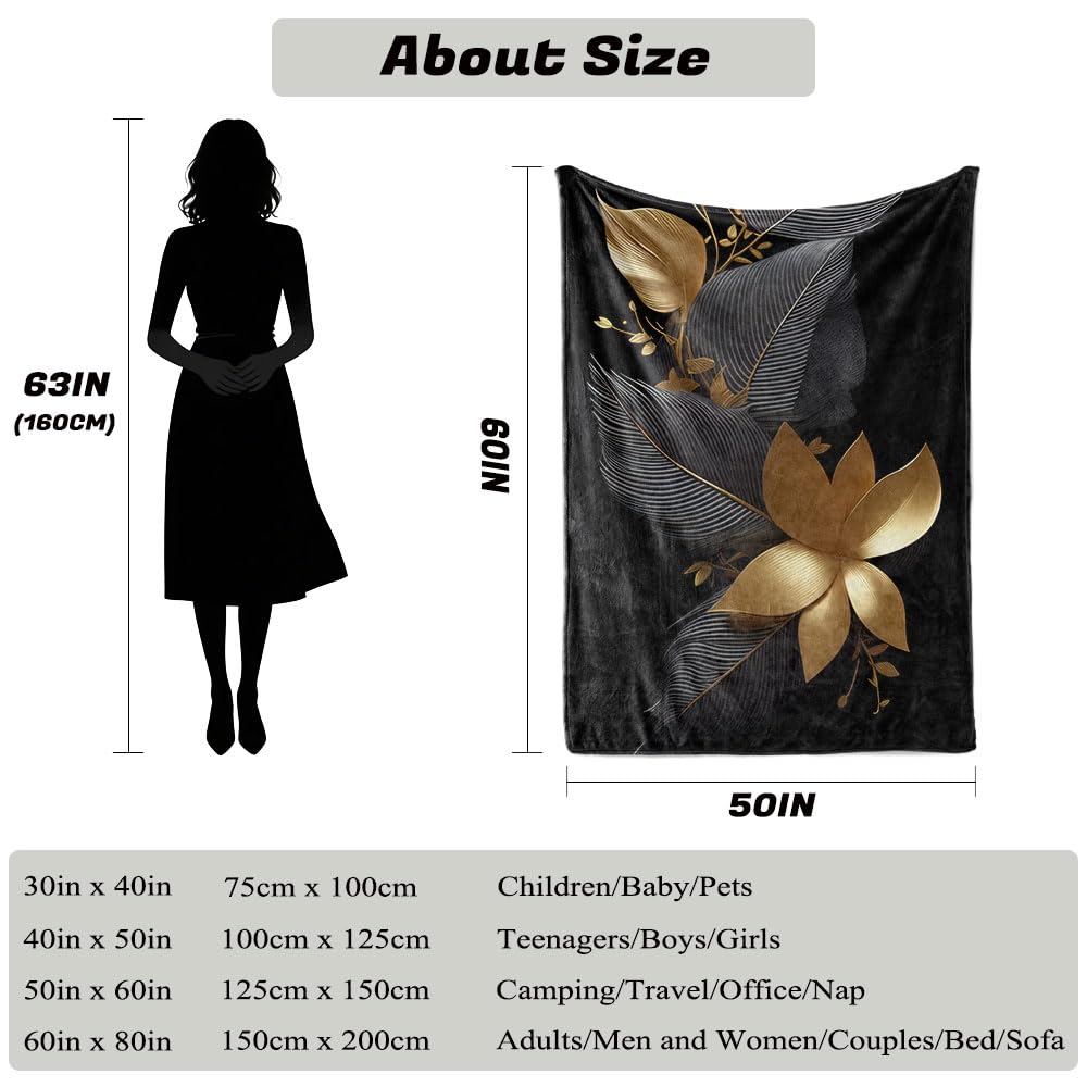HUNXIAOJ Black and Gold Throw Blanket Abstract Print Blanket Gold Leaves Throw Abstract Bedding Warm Soft Flannel for Adults Bed Sofa Couch (50 in x 60 in)