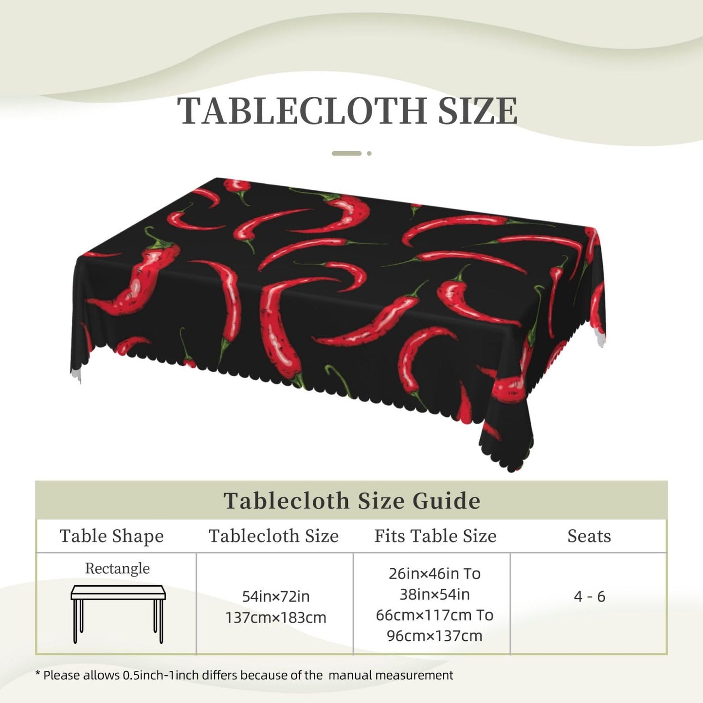 DANSICUINI Chili Pepper Rectangle Tablecloth Red Hot Chili Pepper Table Cloth Black Rectangular Tablecloth Table Cover for Dining Kitchen Party 54 x 72 Inch