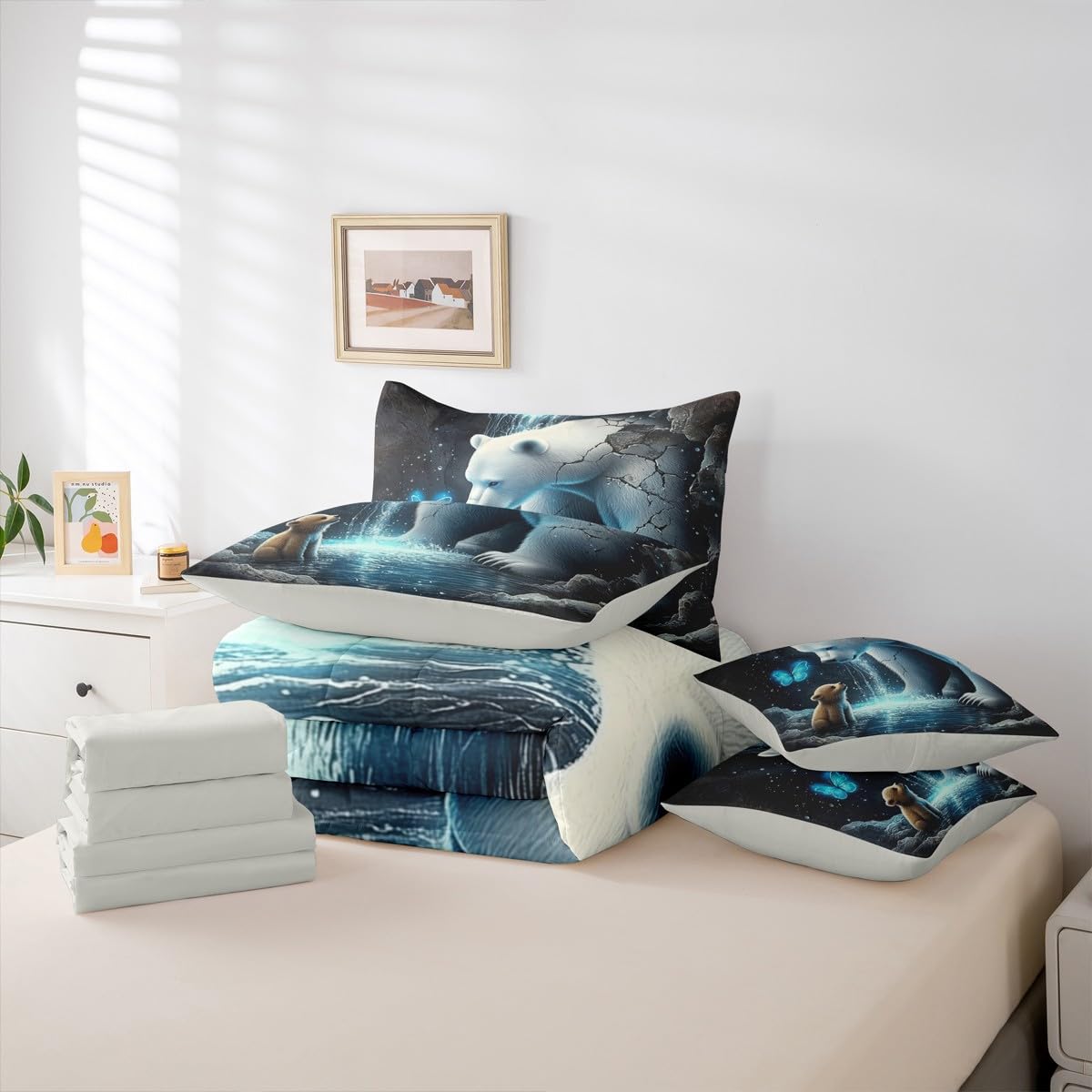 Erosebridal Bears 7 Piece Bedding Set Twin Butterfly Comforter Set with Sheets Broken Cave Water Droplets Pool Bed in a Bag Cute Wild Animals Natural for Kids Boys Girls