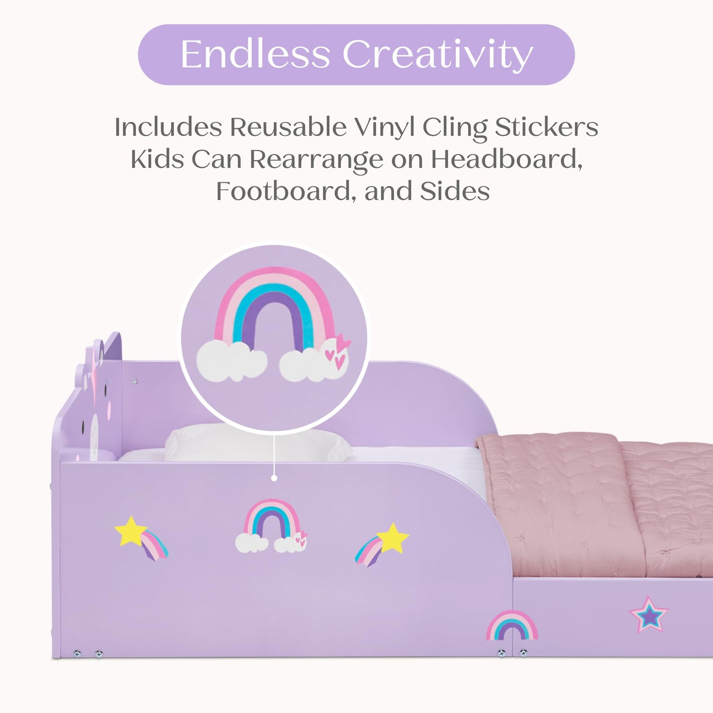 Delta Children Unicorn Wood Floor Toddler Bed with Reusable Stickers, Purple
