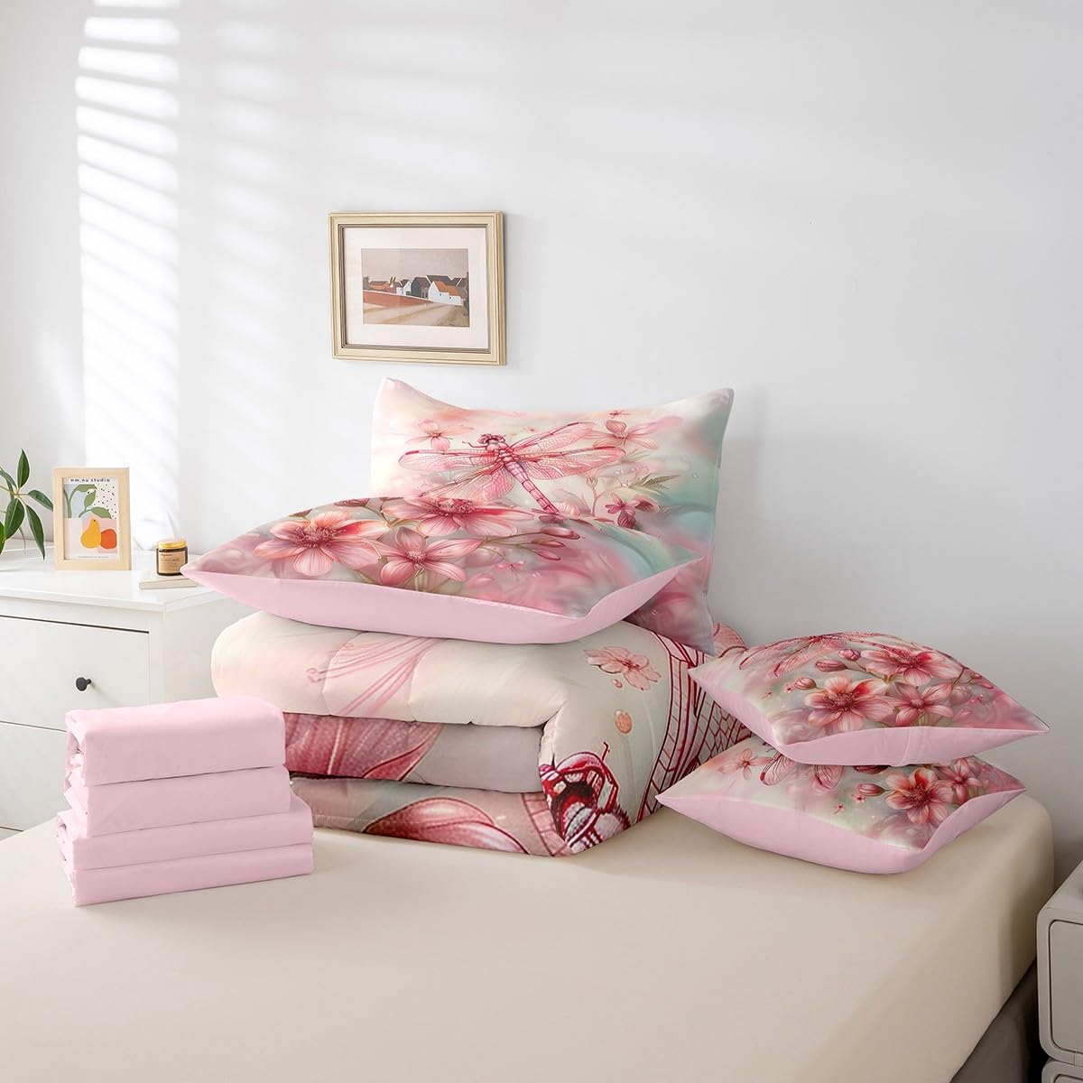 Erosebridal Pink Dragonfly Comforter Set Queen,Water Lily Floral Bedding Set 7Pcs for Kids Girls Women Lady,Dreamy Fairy Princess Style Bed in a Bag,Geometric Flying Wild Animal Quilt