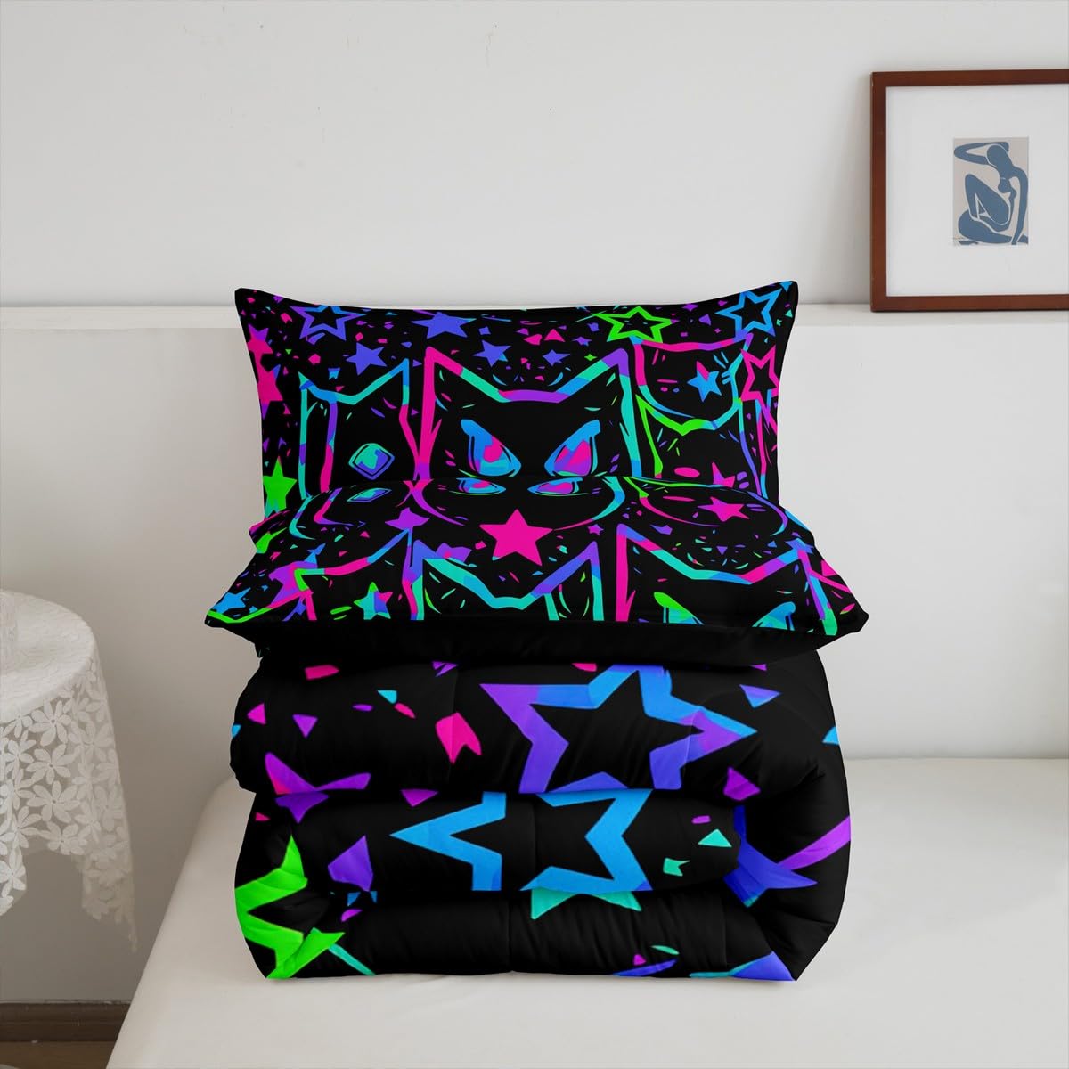 Erosebridal Cartoon Cat Bedding, Black Cat Comforter Set for Kids Girls Boys Teens, Ombre Glowing Neon Stars Down Comforter, Kawaii Kitten Duvet Insert, Gradient Galaxy Quilt, Queen