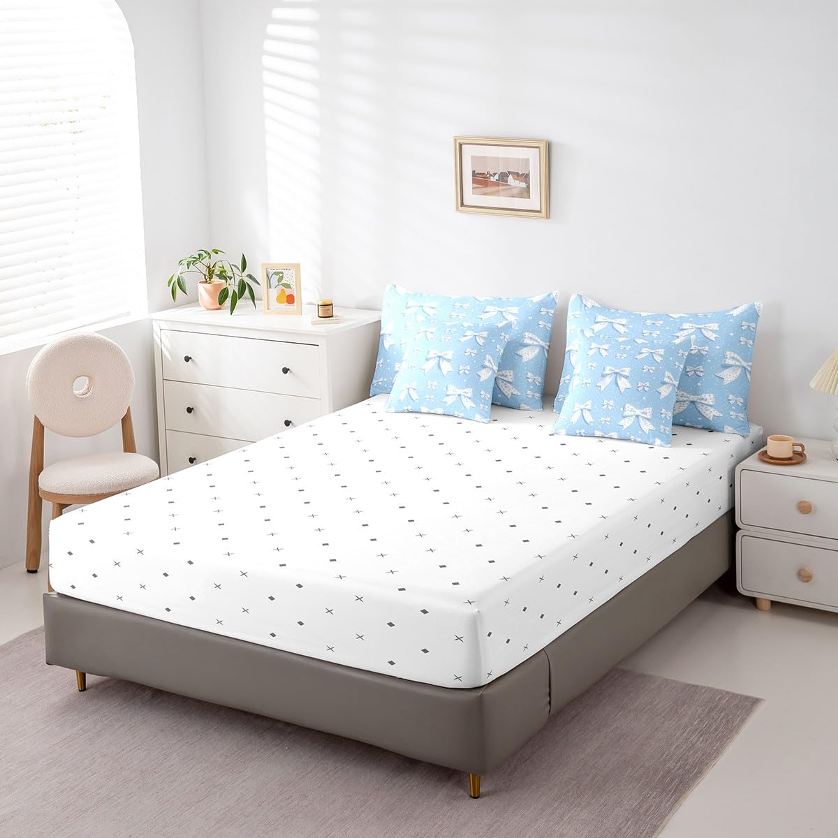 Erosebridal Cute Bowknot Bedding Set Twin Size 7 Piece Bed in a Bag, Simple Polka Dots Bed Set, Cartoon Bows Printed Kids Adults Room Decor Bedding Bed Sets, Blue White Kawaii Bed Sheets Set