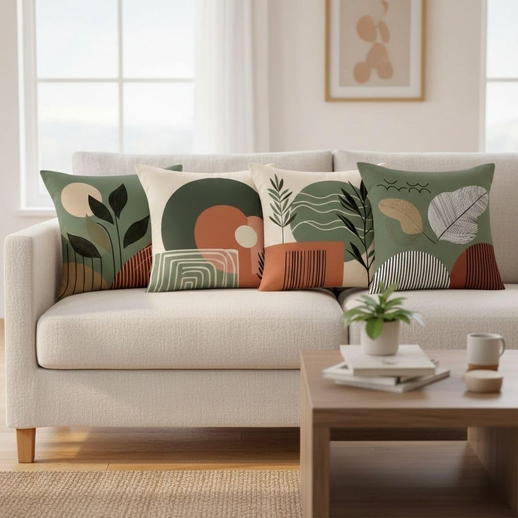 Hopomoon Green Abstract Throw Pillow Covers 18x18 Inches Set of 4,Sage Green and Terracotta Mid Century Modern Botanical Leaves Sun Decor Plush Pillowcases for Sofa Couch Living Room