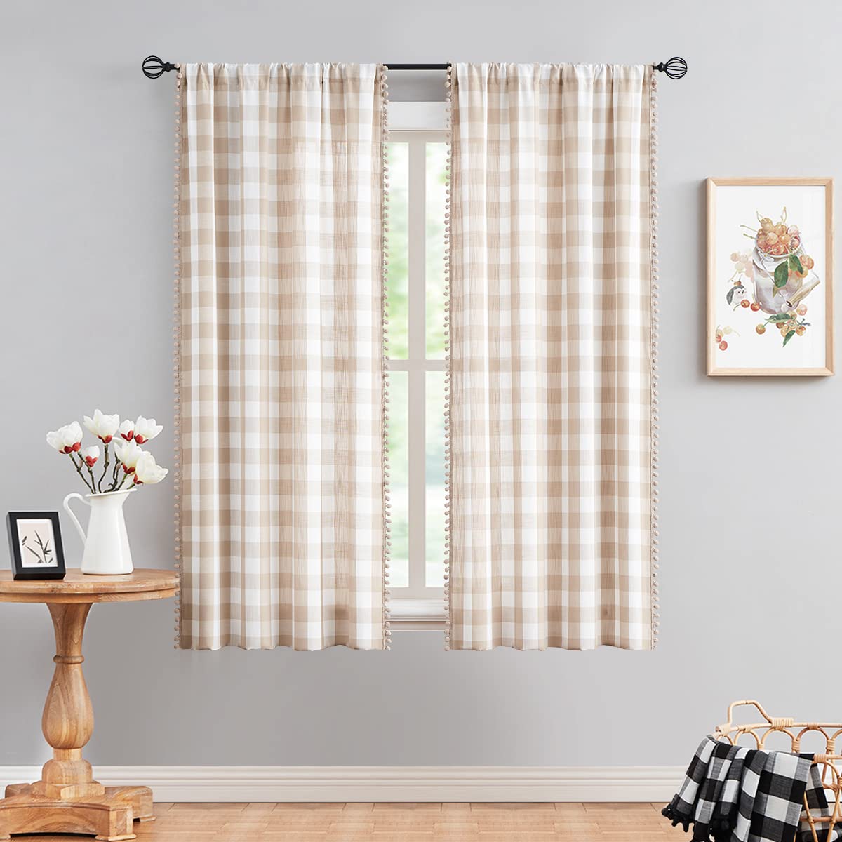 Treatmentex Pompom Buffalo Plaid Curtains 45" Kitchen Curtains Rustic Farmhouse Tan and White Check Curtain Panels for Small Windows Basement Bathroom Rod Pocket 2pcs