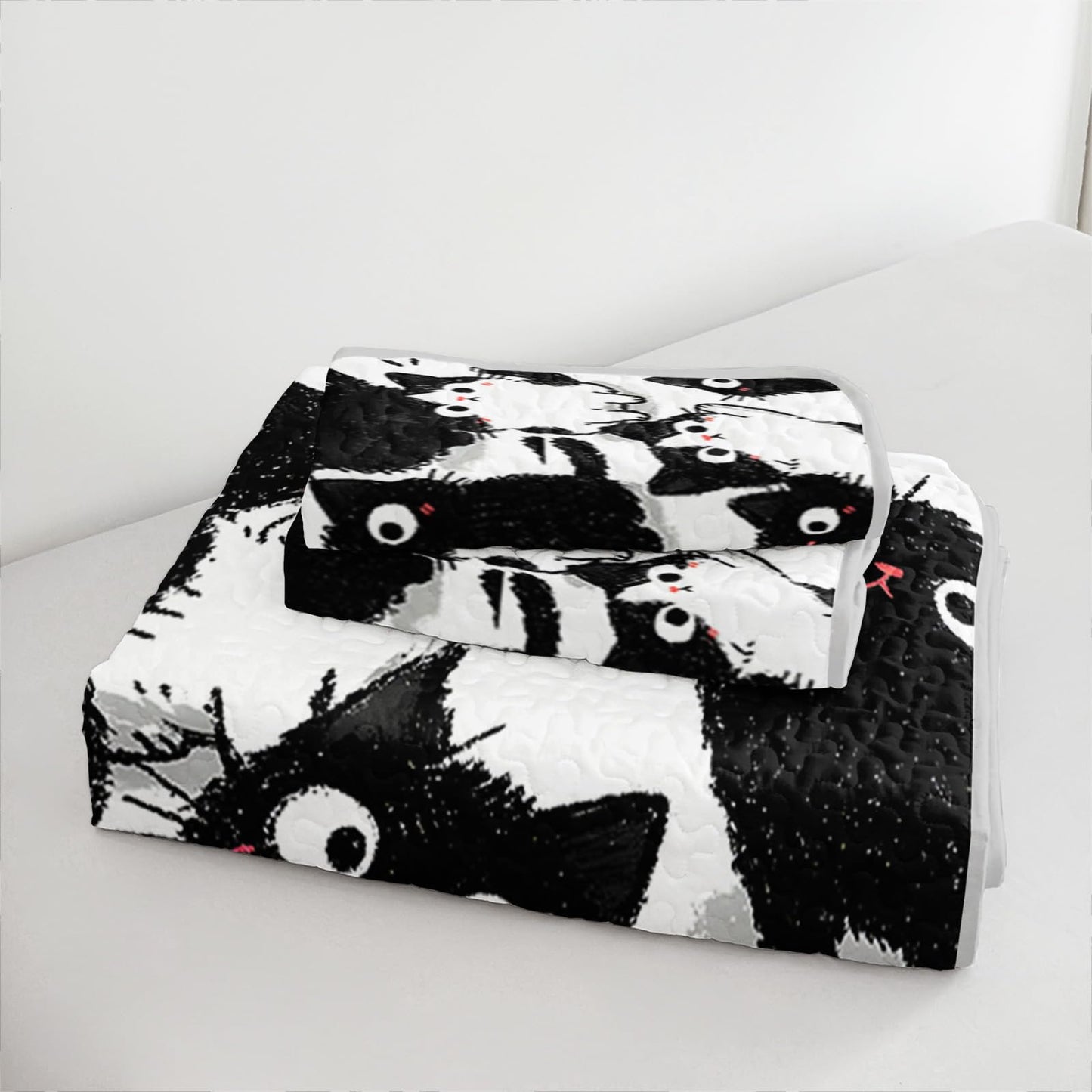 AILONEN Full Quilted Comforter Set 3 Piece, Playful Feline Animal Bedspread Coverlet with 2 Pillowcases, Soft Monochrome Pet Bedding for Teens Guest Apartment Aesthetic Sketchy Style
