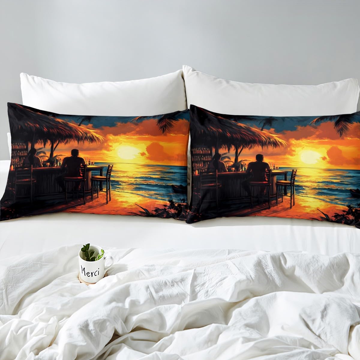 Erosebridal Tiki Bar Bedding Set Queen Size, Ocean Beach Fitted Sheet Palm Tree Leaves Bed Sheets for Kids Teens Adult Bedroom Decor, Tropical Hawaii Sunset Sheets with 2 Pillow Cases