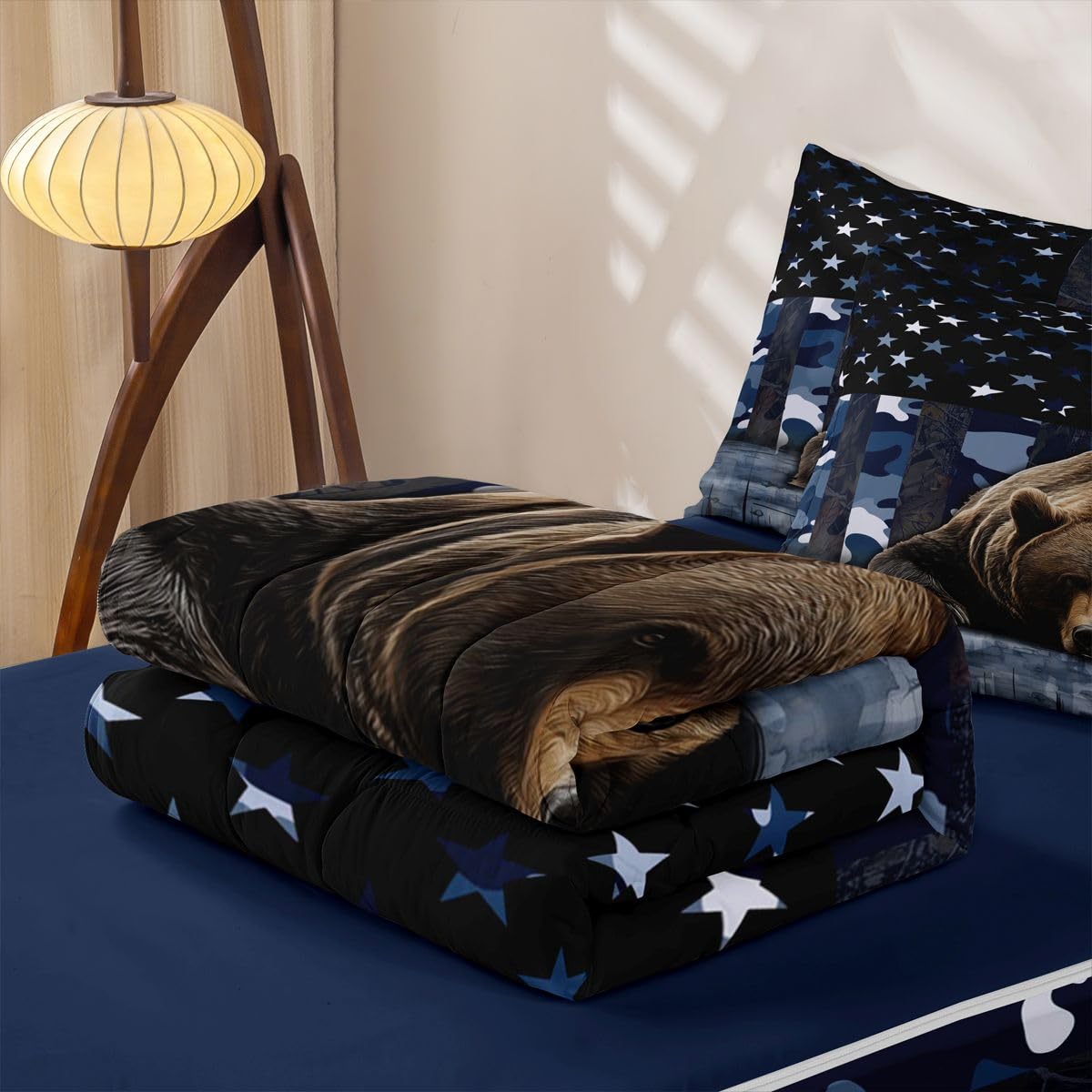 jejeloiu Bear Hunting Camo Zipper Bedding Twin Rustic Western Bear Bedding Sets for Kids Boys Girls American Flag Comforter Set with Fitted Sheet 2 Pillowcases One Zipper Bed Set for All Seasons