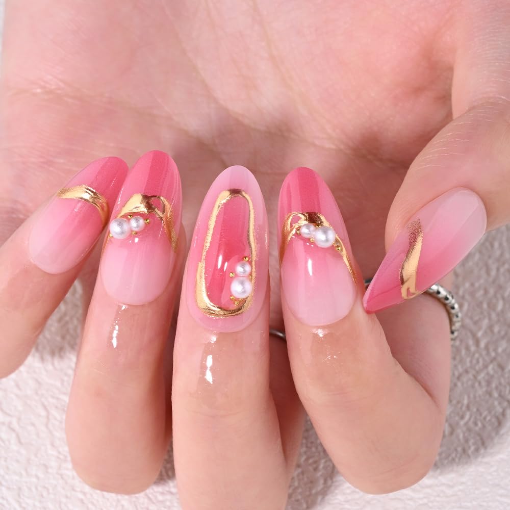 evpct Ombre Peach Pink Press on Nails Short Almond with 3D Pearl Gold Line, Pink French Tip Stick on Nail for Women, Reusable Full Cover Soft Press on Fake Nail with Ombre Design Perfectly Fit