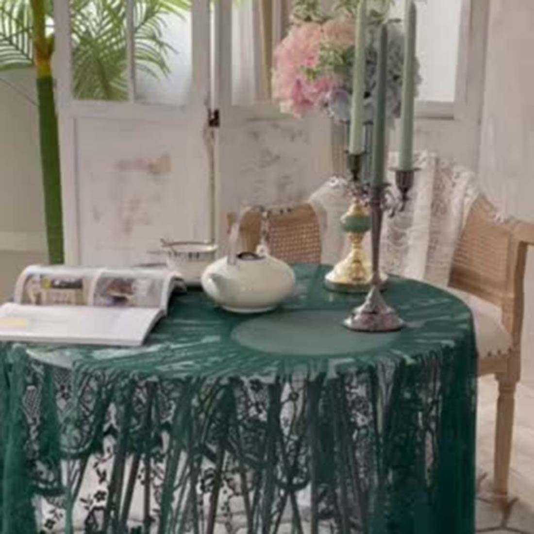 JAIJY Vintage 60 inch Green Lace Tablecloth Floral Embroidered Boho Shabby Chic Small Table Cover for Wedding Halloween Party Dinning Holiday, 1 Piece