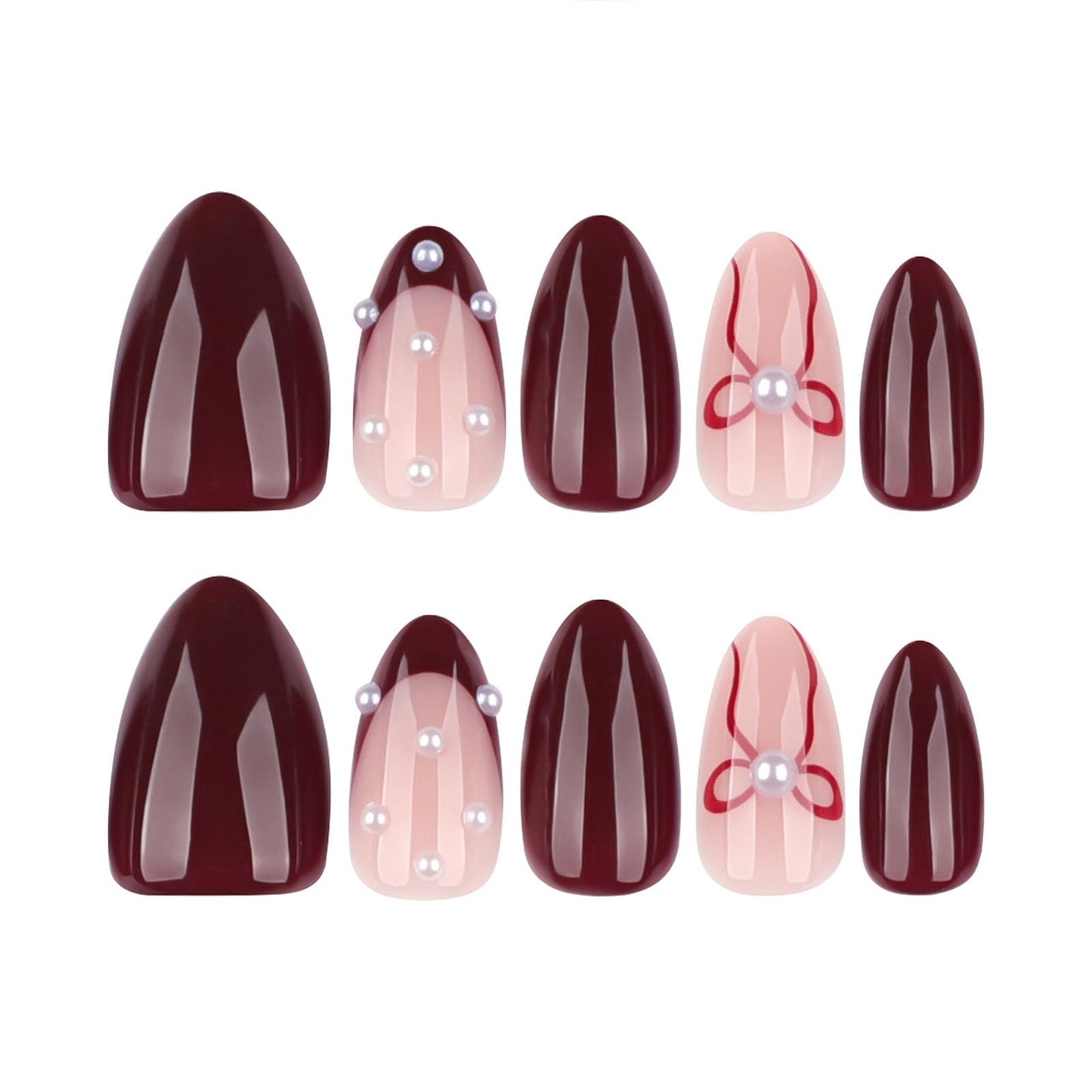 French Tip Press on Nails Short Almond Fake Nails Wine Red Rhinestone Bow Design Stick on Nails Full Cover Reusable Glue on Nail Women Manicure 24Pcs