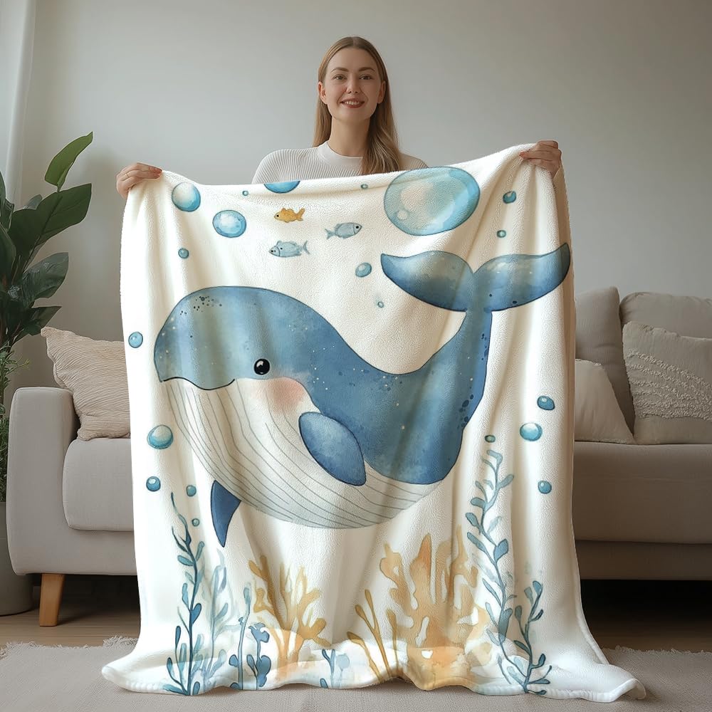 HUNXIAOJ Whale Blanket Sea Animal Blankets for Kids Cute Animal Blanket Whale Bedding Warm Soft Flannel for Bed Sofa Couch (49in x 59in)