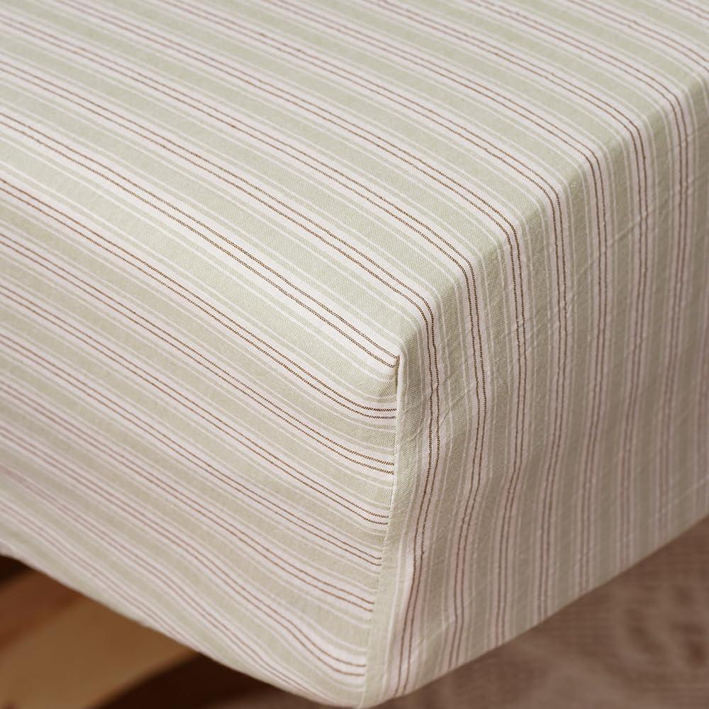 CLOTHKNOW 4Pieces Light Green Striped Washed Cotton Toddler Bedding Sets for Boys Girls Soft Crib Bed Set Including Comforter, Flat Sheet, Fitted Sheet and Pillowcase