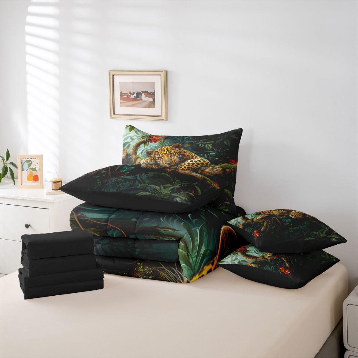 Feelyou Leopard Comforter Set with Sheets 7 Piece Queen Size Cheetah Print Bed in a Bag Kids Boys Girls Wild Animal Bedding Set Safari Bedroom Decor Breathable Soft Microfiber