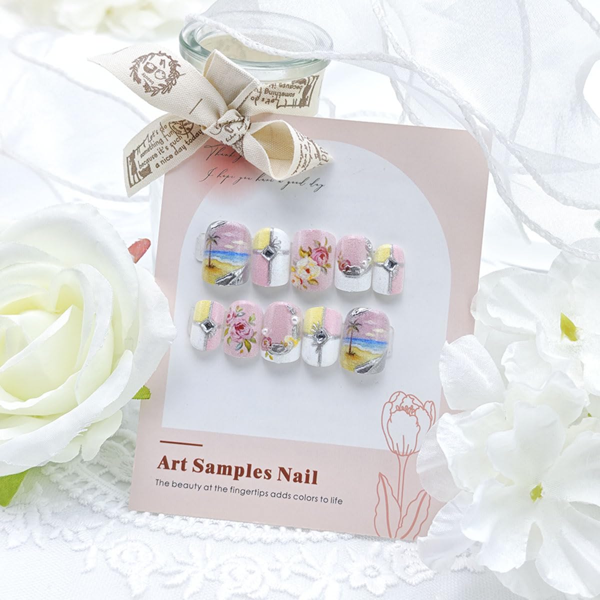 24Pcs Summer Beach Press on Nails Short Square White French Tip Fake Nails Coconut Trees Flower with Rhinestones Glitter Designs Full Cover Silver Chrome Stick on Nails Flowers False Nails for Women