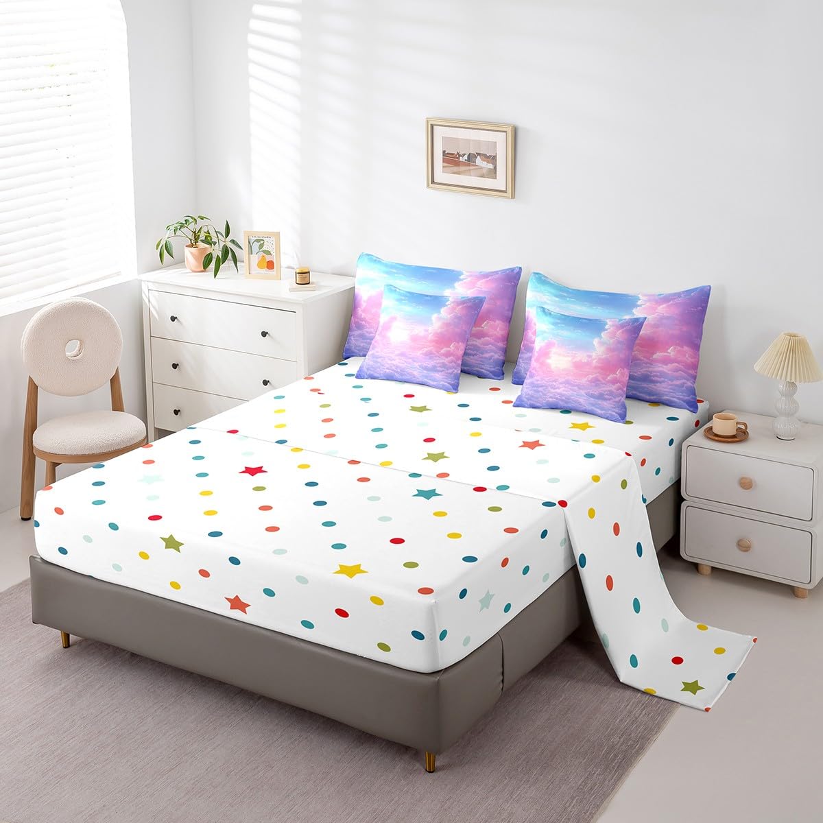 Cloud Sky 7 Pieces Bedding Set Twin Size Kids Girls Rainbow Bed in a Bag with Comforter, Sheets, Pillowcases Cute Lightweight Bed Set Breathable Ombre Starry Sky Room Decor Comforter Set with Sheets