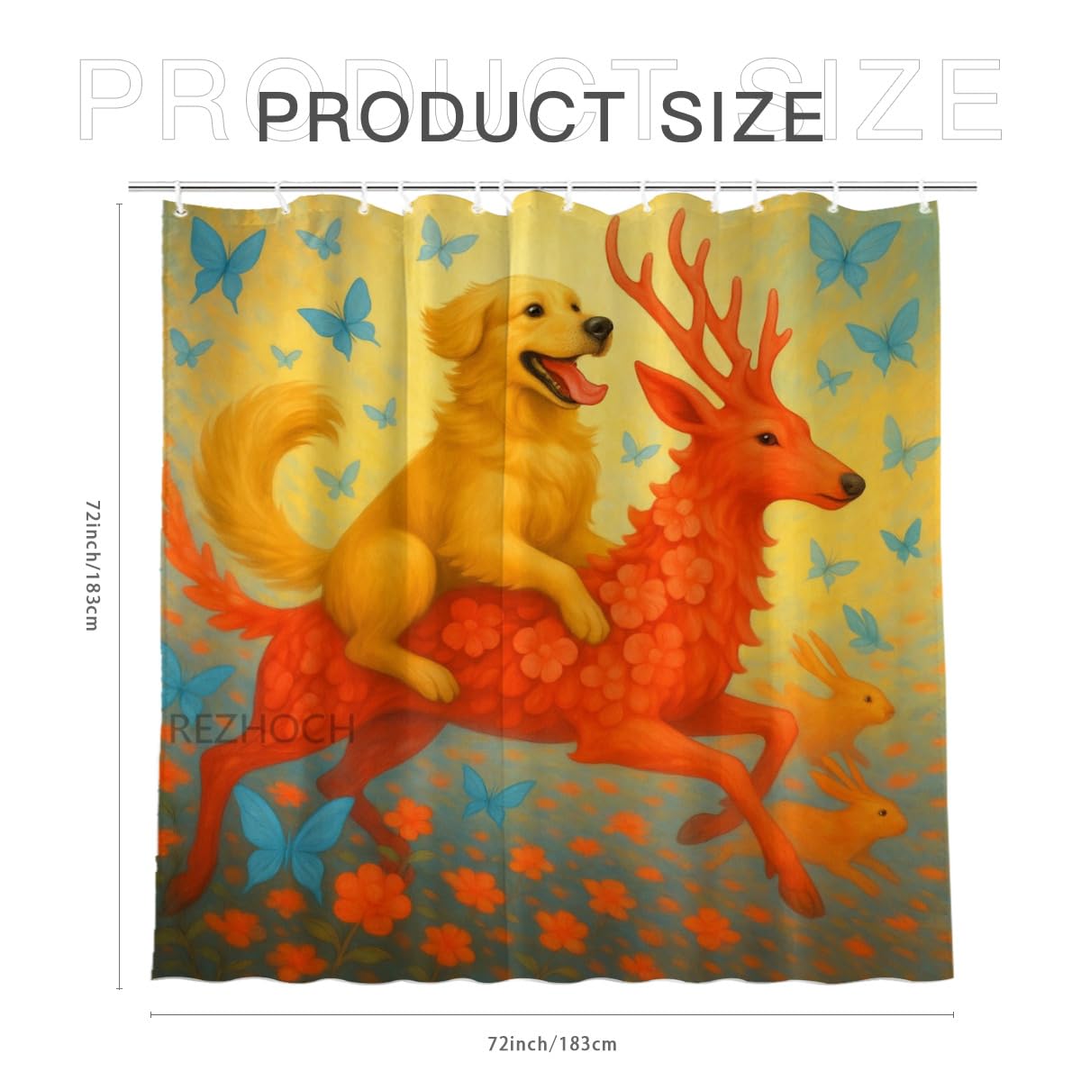 REZHOCH Cute Deer Shower Curtain Golden Retriever Fantasy Animal Butterfly Flower Durable Waterproof Fabric Bathtub Sets All Season Home Bathroom Decoration 72x72inch with 12 Hooks