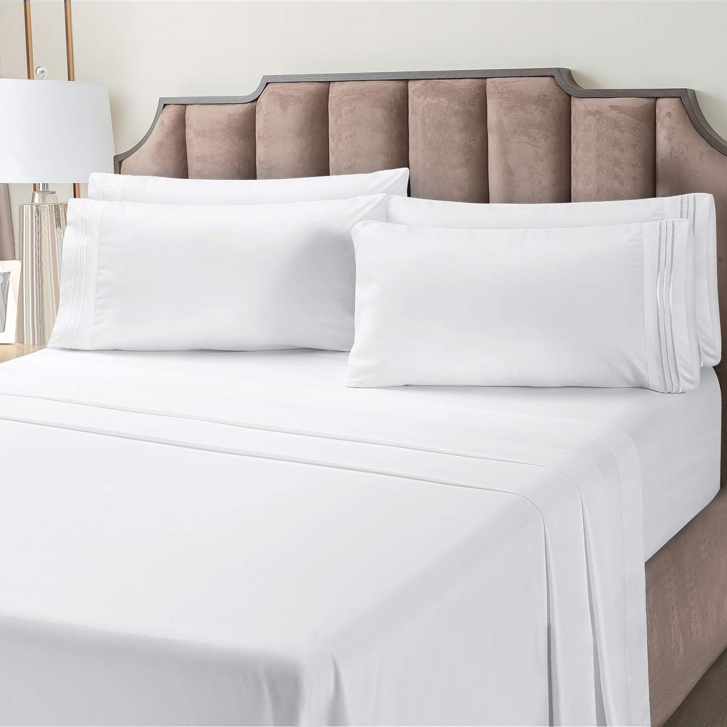 BYSURE Hotel Bed Sheets Set with 4 PCS Embroidered Pillowcases(King, Bright White), 15-inch Deep Pocket Microfiber Sheets, Super Soft Bedding Sets