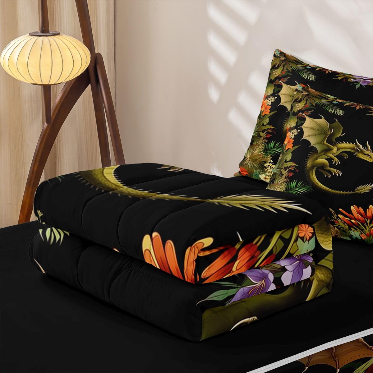 jejeloiu Flying Dragon Comforter Set Twin Zipper Bedding Set for Girls Boys Fantasy Animal Comforter with Fitted Sheet, Pillowcases Ancient Wildlife Zipper Bedding Breathable Spring Flowers Bed Set