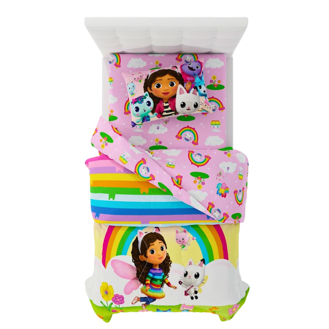 DreamWorks Gabby's Dollhouse Cakey, Mercat and Pandy Kids Bedding Super Soft Comforter and Sheet Set, 4 Piece Twin Size, (Official Licensed Product) by Franco