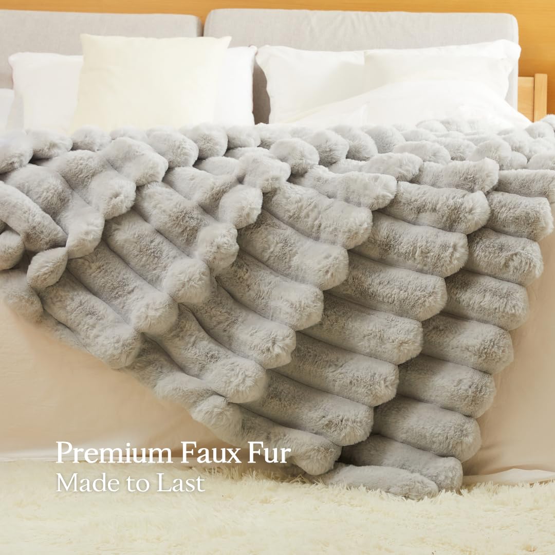 The Nantucket Blanket - LuxeComfort Faux Fur Striped Blanket 60"x70" Pebble Grey - Luxuriously Soft Cozy Warm Gift for Women, Plush Silky Fuzzy Heavyweight Reversible Design Home Decor