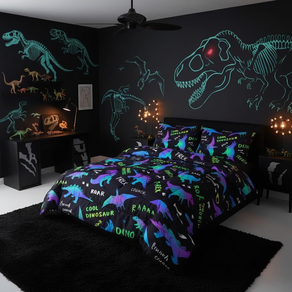 QOOMO Jurassic Dinosaur Comforter Queen Size, Black Cartoon Animals Kids Bedding Set, Suitability Girs and Boys Black Decorate a Room 1 Comforter Set 2 Pillowcases