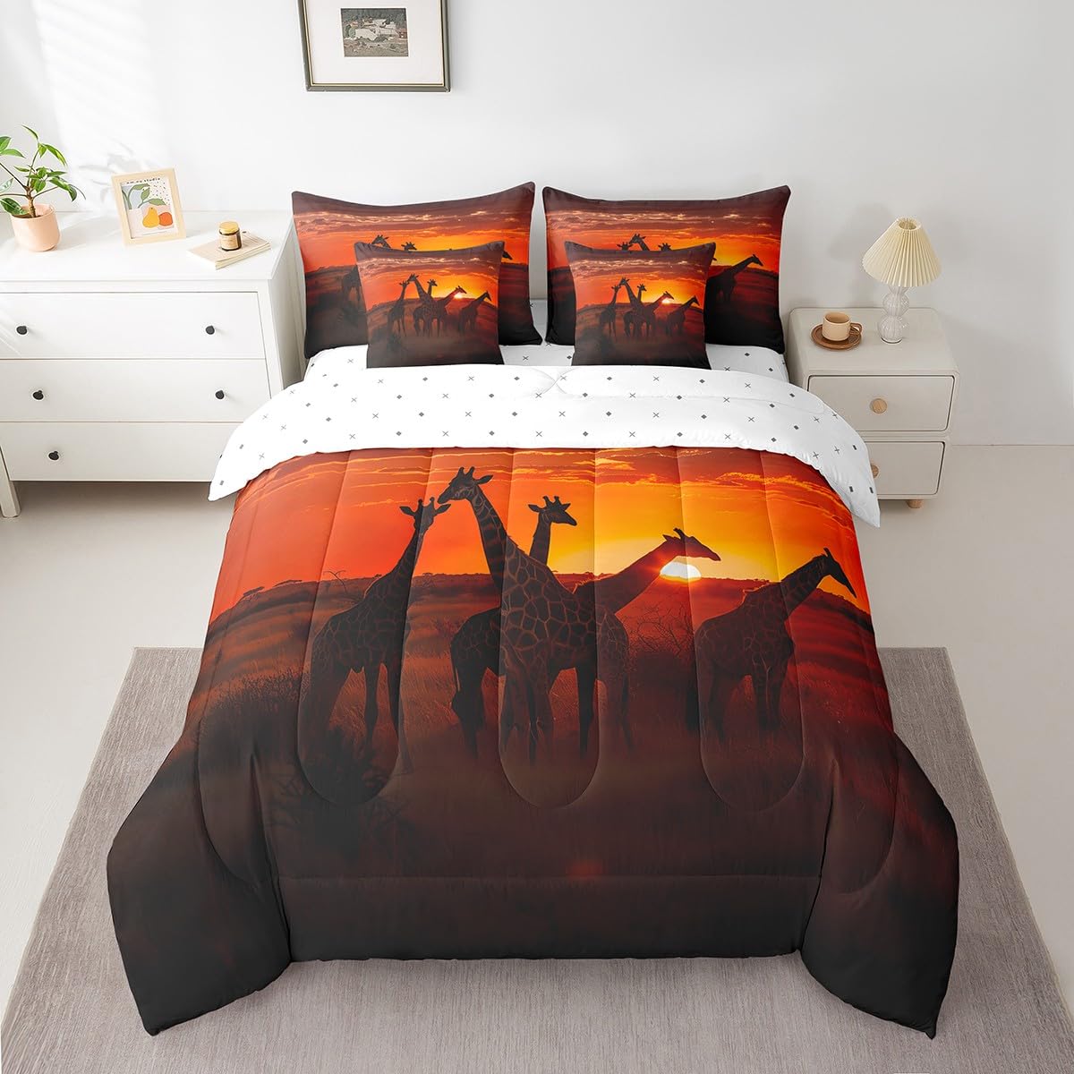 Erosebridal Giraffe Comforter Set 3D Giraffe Printed Bedding Sets 7 Piece Twin Natural Sunrise Scenery Bed in A Bag Jungle Wildlife Quilt with Flat Fitted Sheet Safair African Animals Pillow Covers