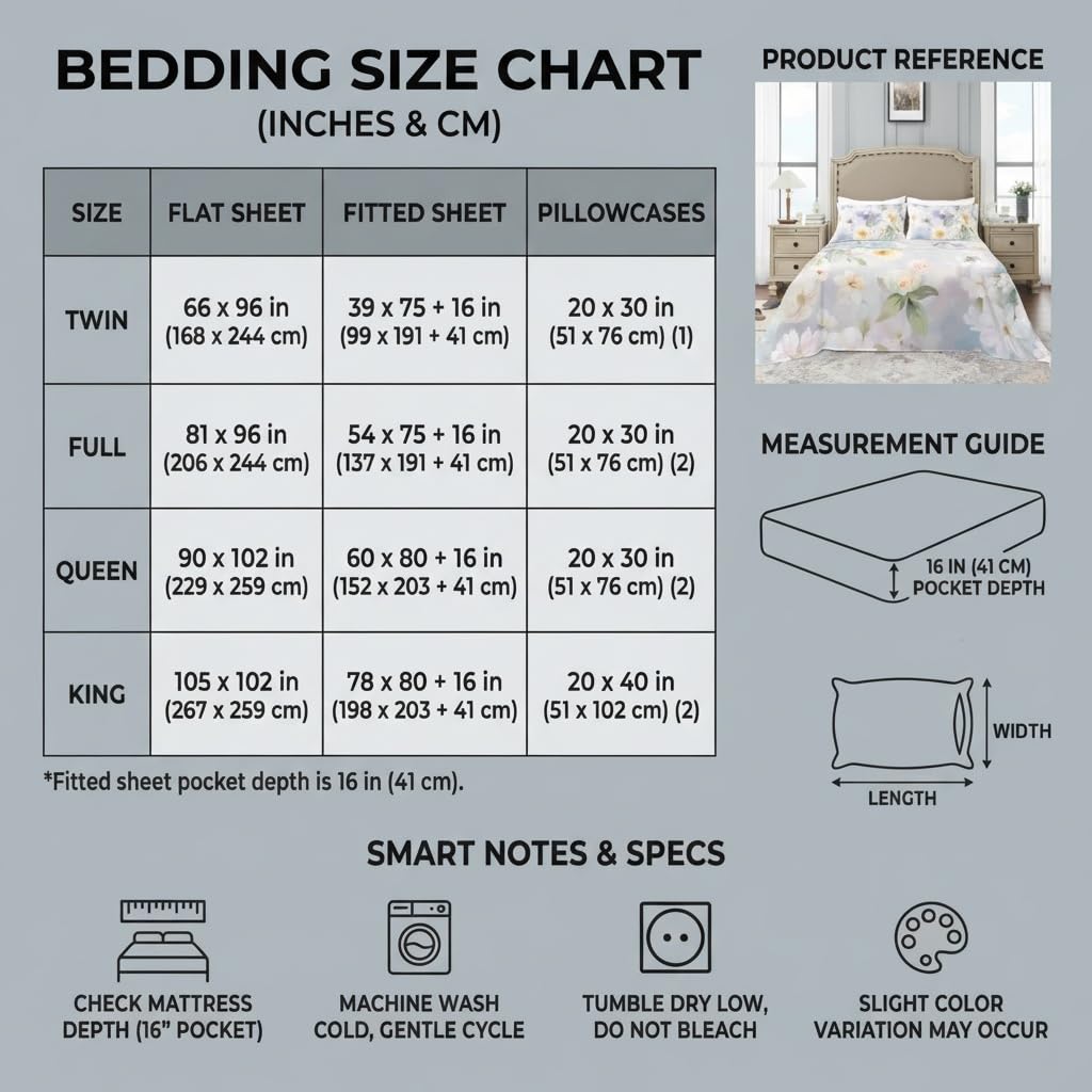 YIYEA Floral Sheets King Size, Premium Double Brushed Microfiber Bed Sheet Set for All Season, Soft Breathable, 16" Deep Pocket, Shrinkage and Fade Resistant, 4PC, King
