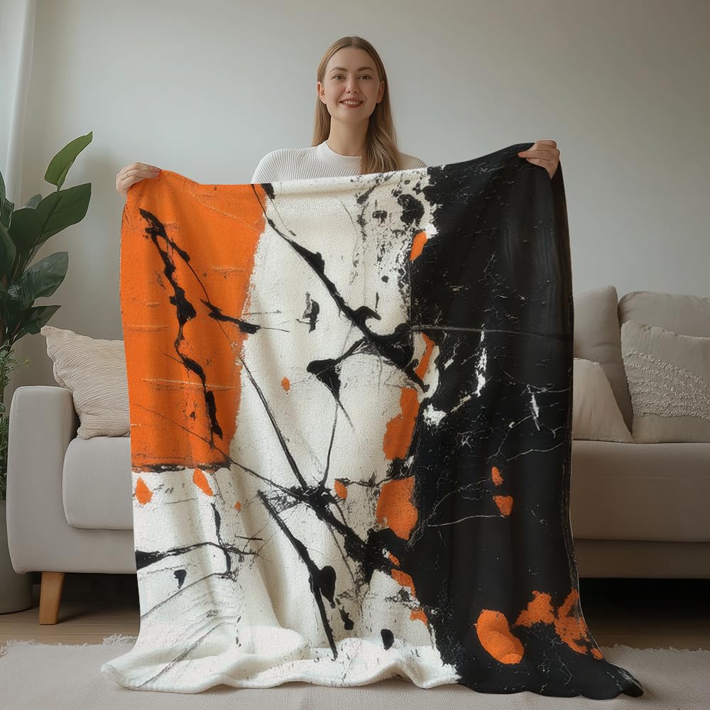 HUNXIAOJ Abstract Throw Blanket Orange and Black Flannel Blanket Abstract Orange Bedding Warm Soft Flannel for Bed Sofa Couch (59in x 70in)
