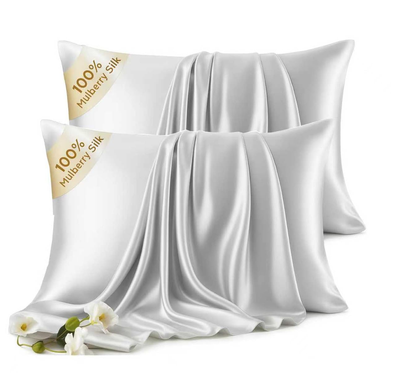 100% Mulberry Silk Pillow Cases 2 Pack for Hair & Skin, 6A Grade Hypoallergenic Pillowcases with Hidden Zipper, Anti-Aging Anti-Frizz, Machine Washable, Queen Sizes, Luxury Gift(Grey,Queen)