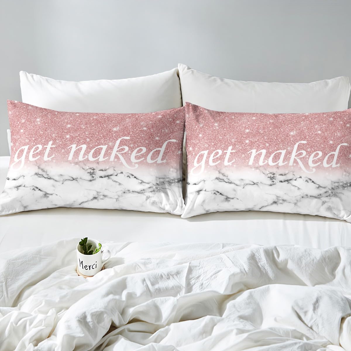 Feelyou Get Naked Bed Sheet Set Full Size Marble Ombre Kids Fitted Sheet for Boys Girls Women Girly Pink Gradient Glitter Bedding Set Funny Quotes Bedding Sheets Pink Grey White Room Decor
