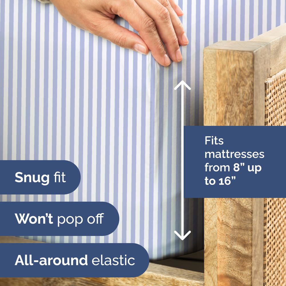 Sky Blue and White Striped Sheets - 1 Flat & 1 Fitted Sheet & 2 Pillowcases w/ Deep Pockets - Comfy, Wrinkle & Fade Resistant - Soft, Breathable & Cooling - Pinstripe Patterned Bedding - Full Size