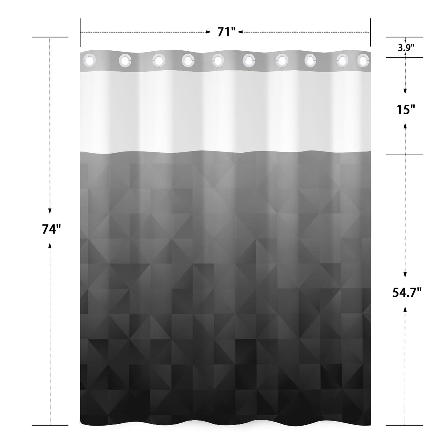 NAEMBCU No Hook Shower Curtain with Snap in Liner Set, Black Gray Ombre Geometric Print - Mesh Top Waterproof Double Layer Bath Tub Curtain for Modern Loft & Minimalist Bathroom Decor, 71W x 74H