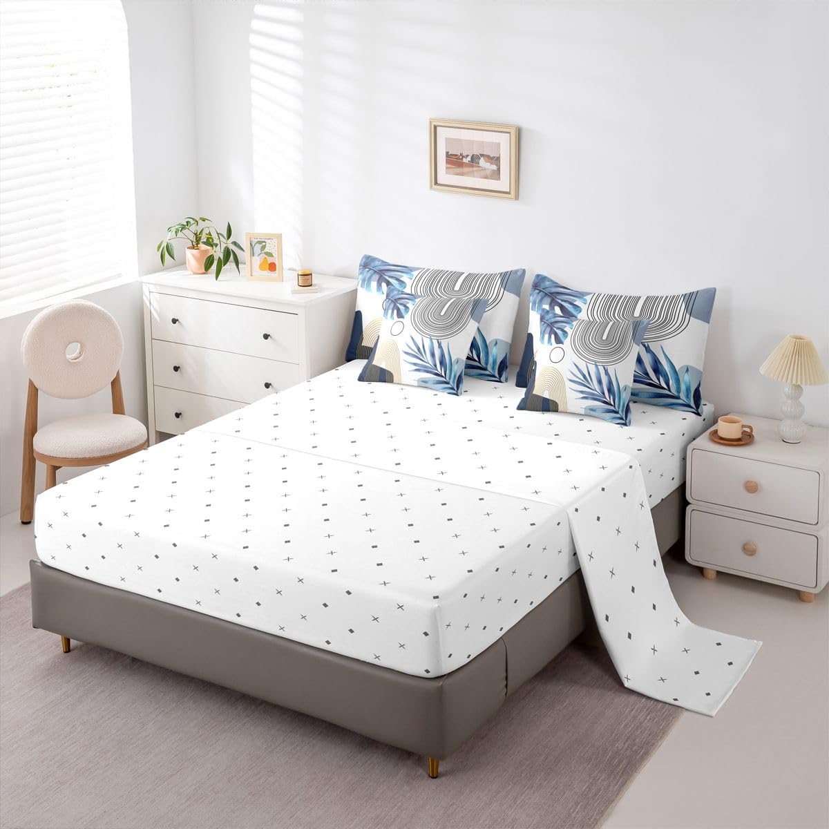 Erosebridal Blue Gold Boho Mid Century Full 7 Pcs Bedding Set, Abstract Minimalist Comforter Set with Sheets, Modern Geometric Simple Arch Bed in A Bag, Tropical Plant Palm Leaf Aesthetic Bed Sets
