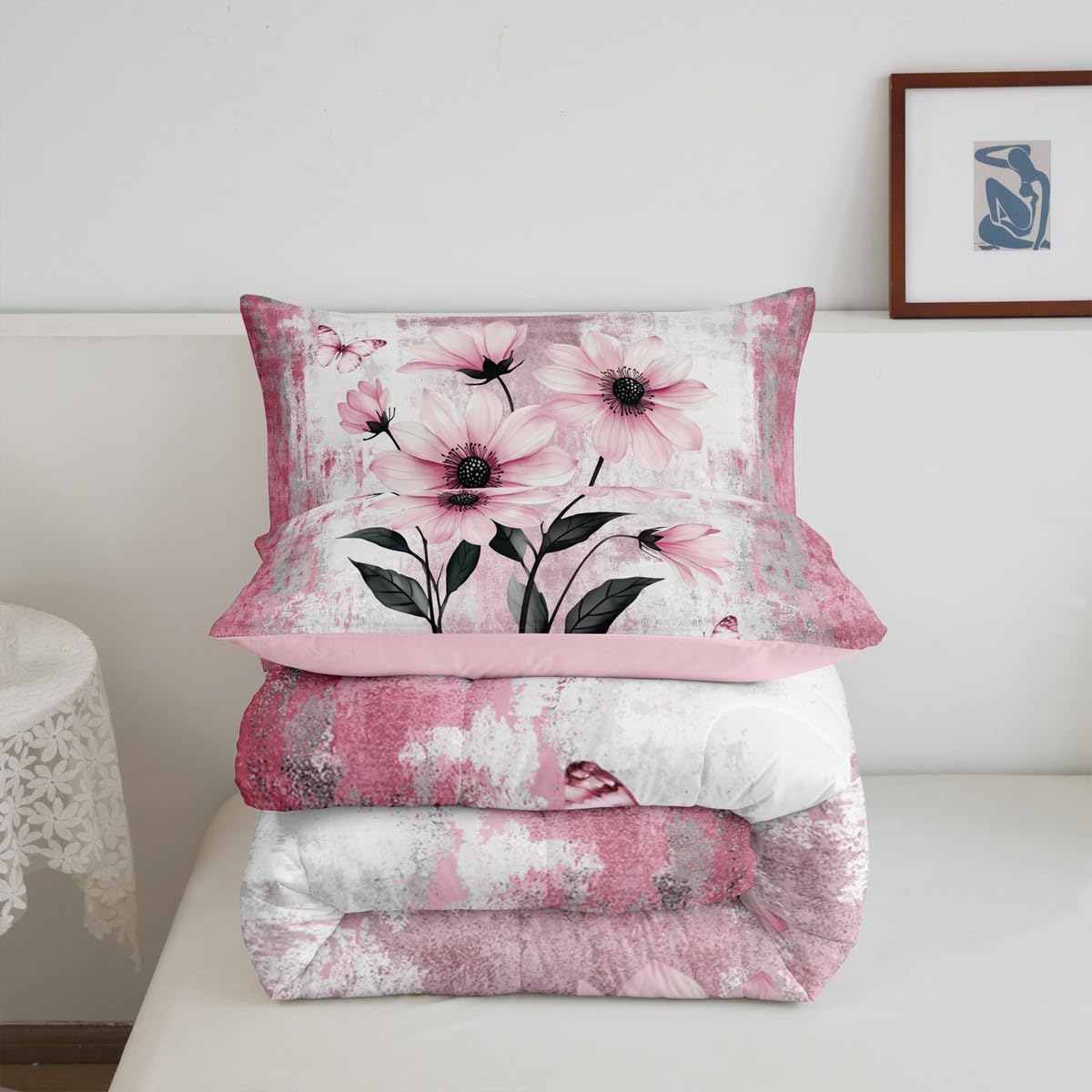 Erosebridal Watercolor Daisy Flowers Queen Comforter Set Abstract Oil Painting Bedding Set Rustic Farmhouse Bed Set Ombre Pink White Quilt Set