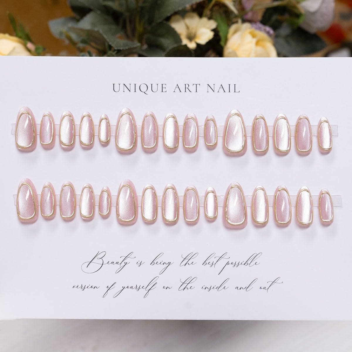 evpct Gold Line 3D Cat Eye Press On Nails Medium Almond No Glue, 3D Crystal Handmade Press on Nails for Women Gift, Reusable Medium Almond Acrylic Fake Nail Stick on Soft Nail Gold Tip with Designs