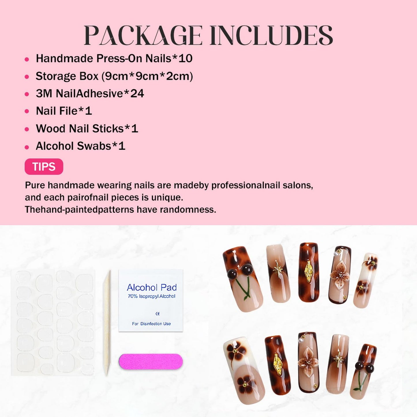 Brown French Tip Press on Nails Long Coffin Fake Nails Handmade Press on Nails 3D Luxury Flower and Cherry Embossed Designs Muti-Layer Gel Thick False Nails Glossy Acrylic Nails for Women (Size M)